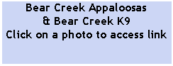 Text Box: Bear Creek Appaloosas
& Bear Creek K9
Click on a photo to access link