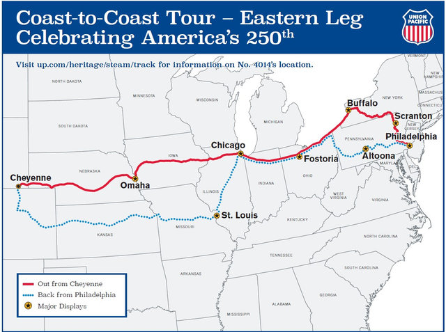 Route map of Big Boy No. 4014 on the eastern leg of the 2026 Coast-to-Coast Tour.